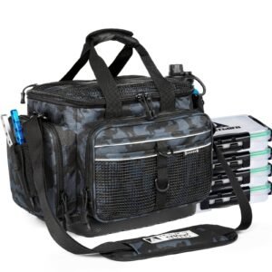 Ghosthorn waterproof fishing tackle bag with four 3600 tackle boxes and organized fishing gear storage