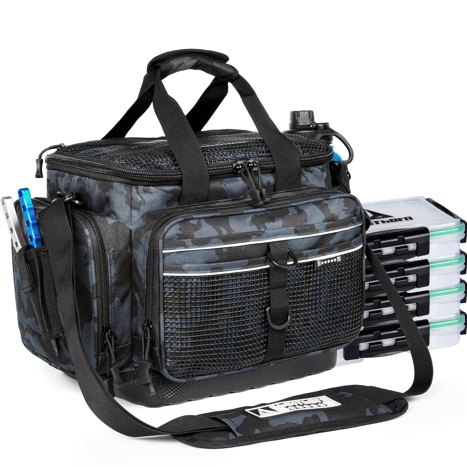 Ghosthorn waterproof fishing tackle bag with four 3600 tackle boxes and organized fishing gear storage