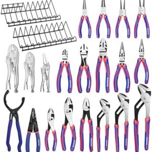 WORKPRO 20-piece pliers set with two organizer racks for garage mechanics and DIY projects