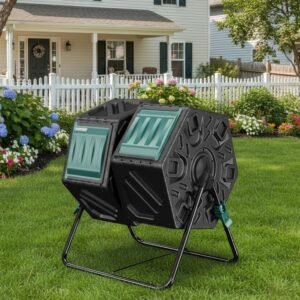 EAST OAK dual chamber 37-gallon rotating outdoor compost tumbler with aeration system and locking mechanism