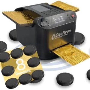 Automatic 2-deck card shuffler and dealer with 8 wireless remotes, programmable dealing, 360-degree rotation, and rechargeable battery