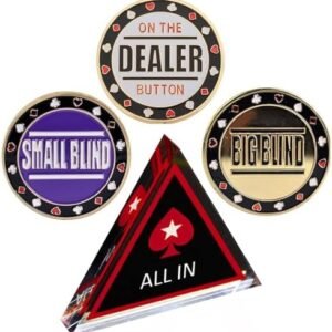 4-piece poker dealer button set with gold-plated Dealer, Big Blind, Small Blind and crystal All-In buttons for Texas Hold'em