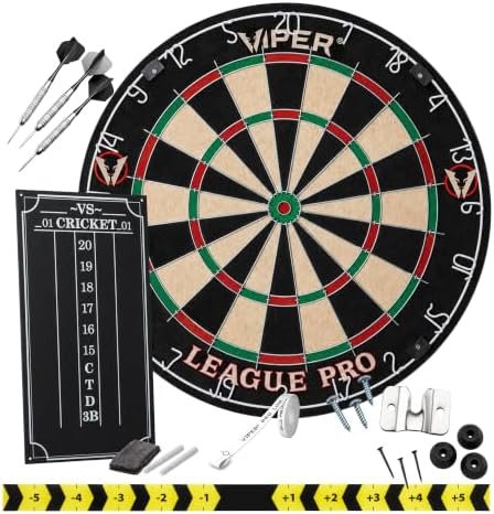 Viper League Pro regulation sisal bristle steel tip dartboard starter set with chalk scoreboard, ViperStrike darts, and mounting hardware