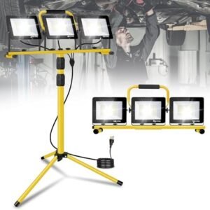 JDZKOMKE 21000-lumen LED work light with three adjustable heads and tripod stand
