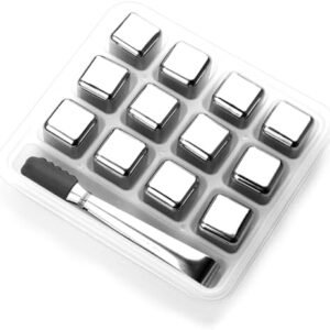 12 pack reusable stainless steel whiskey stones with storage box and silicone topped tongs