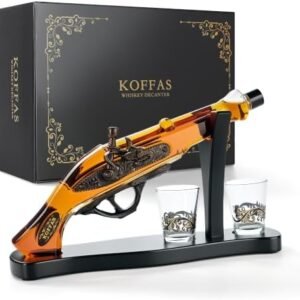 Vintage gun whiskey decanter set with two glasses and antique bronze display stand
