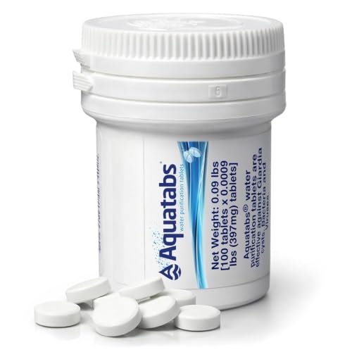 Aquatabs 397mg water purification tablets 100 pack for camping and emergency water treatment