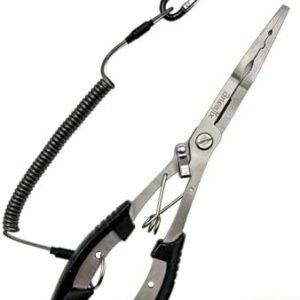 Professional 8.4 inch long reach fishing pliers with hook remover line cutter and anti-loss lanyard