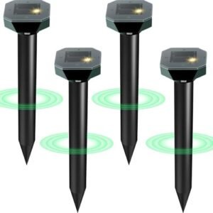 Four pack of solar powered ultrasonic pest repellent stakes for lawn and garden