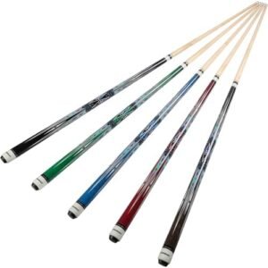 Five-piece 58-inch pool cue set with Canadian maple construction in black, gray, blue, red and green