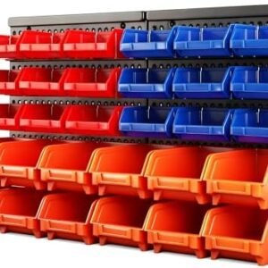 HORUSDY 30-piece wall-mounted storage bin organizer with removable red blue and orange parts bins