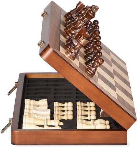 ELONGDI 15 inch wooden magnetic chess set with folding board and extra queens