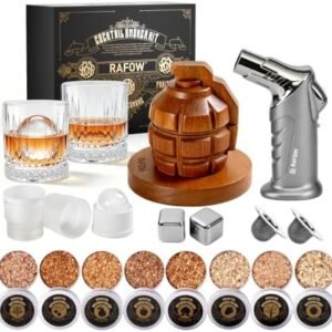 Whiskey smoker kit with torch, grenade shaped oak smoker, eight wood chip flavors and two glasses