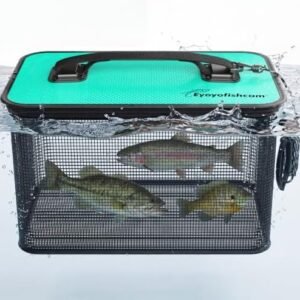 Collapsible 7-gallon floating fish basket with coated mesh, wide lid and tether rope