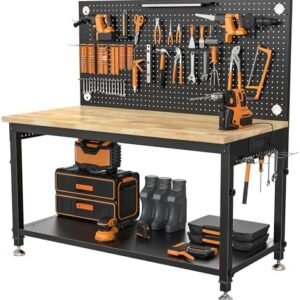 CAMMOO 48 inch heavy-duty garage workbench with storage shelf, pegboard, LED light and power strip