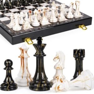 15 inch wooden chess set with weighted acrylic pieces and folding marbled chessboard