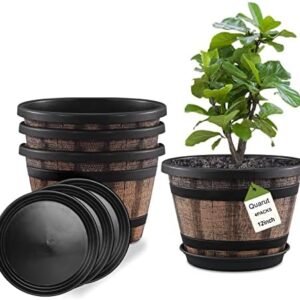 Four brown 12-inch whiskey barrel-style plant pots with drainage holes and matching saucers