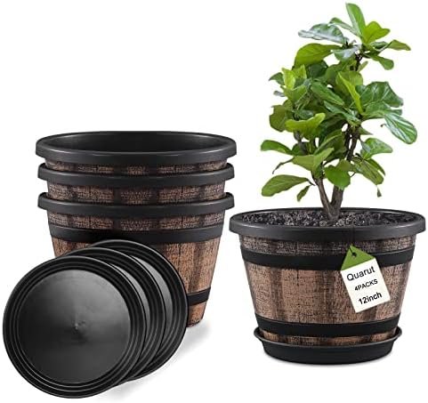 Four brown 12-inch whiskey barrel-style plant pots with drainage holes and matching saucers