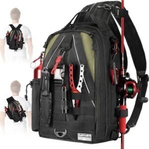 Ghosthorn large black fishing backpack with rod holder, multiple pockets, and MOLLE loops